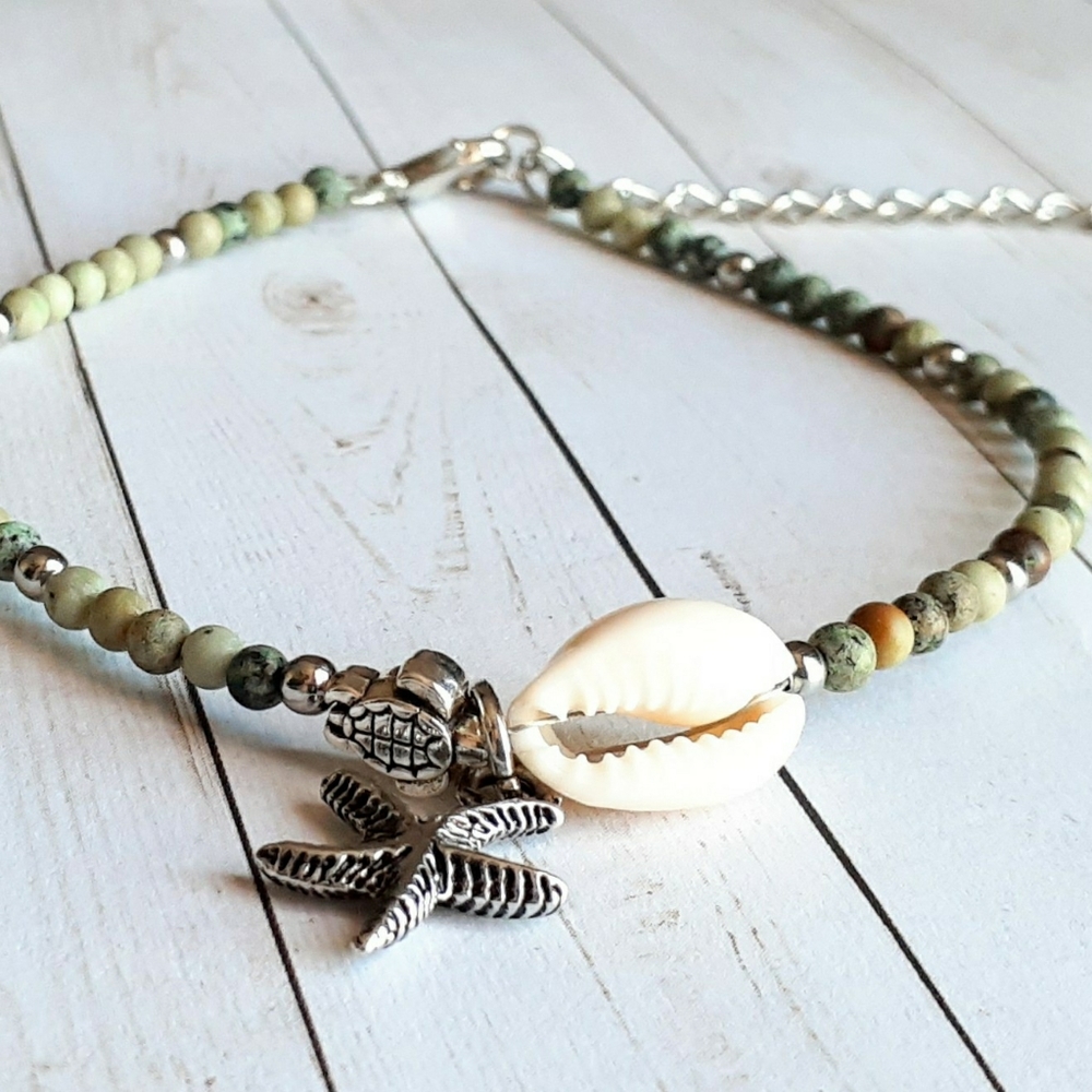 African Turquoise Cowrie Shell Anklet - Picture 2 of 4